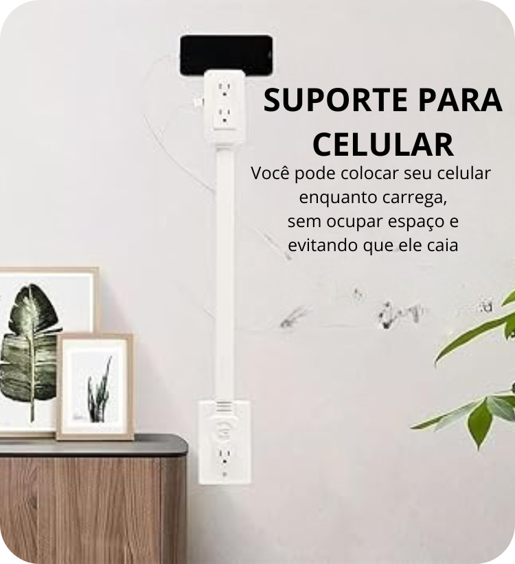 Extensor de Tomada Elétrica com USB e Suporte para Celular