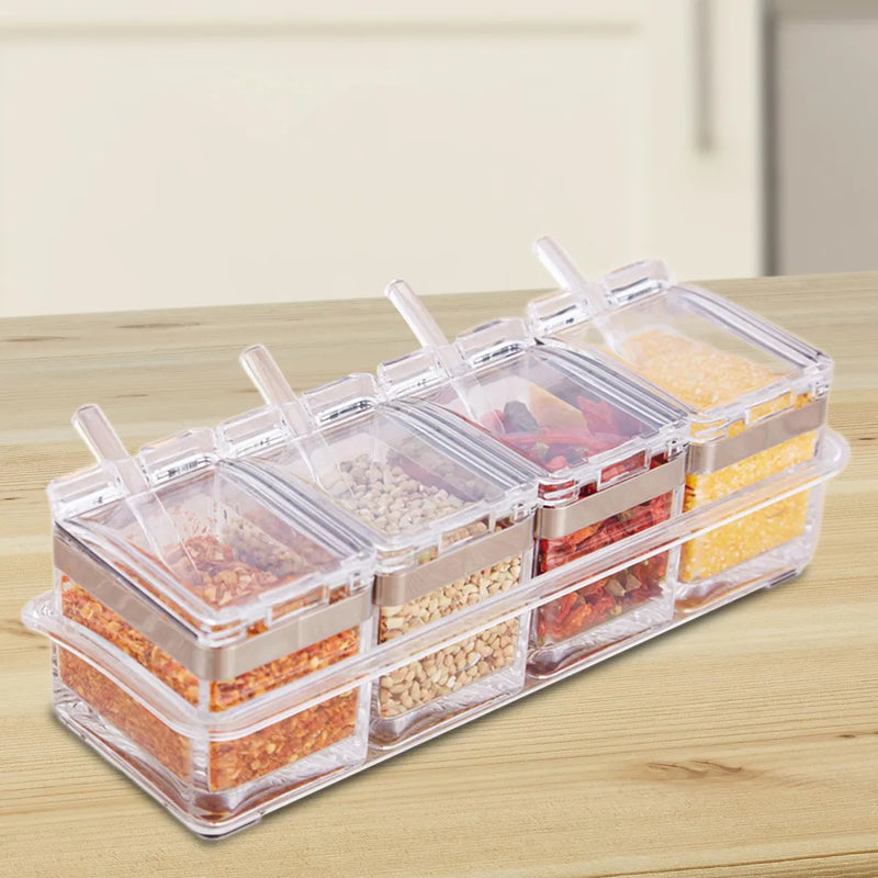 Organizador de Temperos e Grãos em Aço Inox e Acrílico – 4 Compartimentos