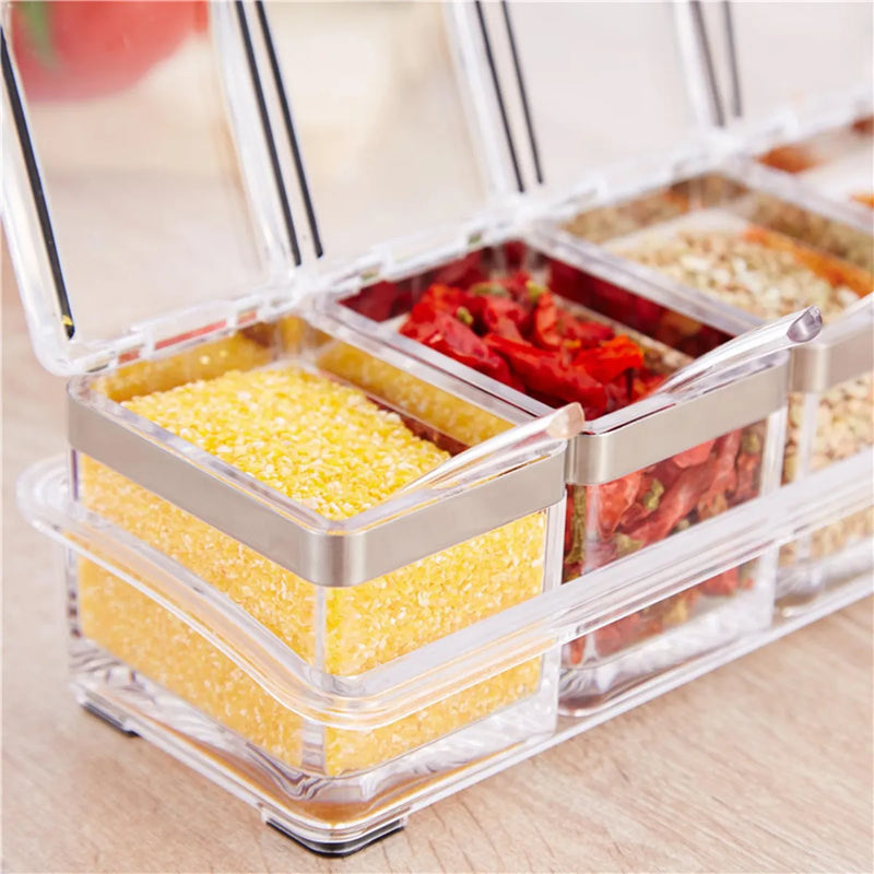 Organizador de Temperos e Grãos em Aço Inox e Acrílico – 4 Compartimentos