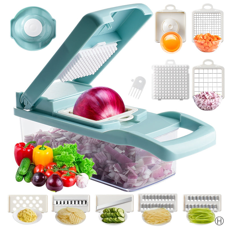 Picador de Legumes Multifuncional 14 em 1 – Cortador com 7 Lâminas